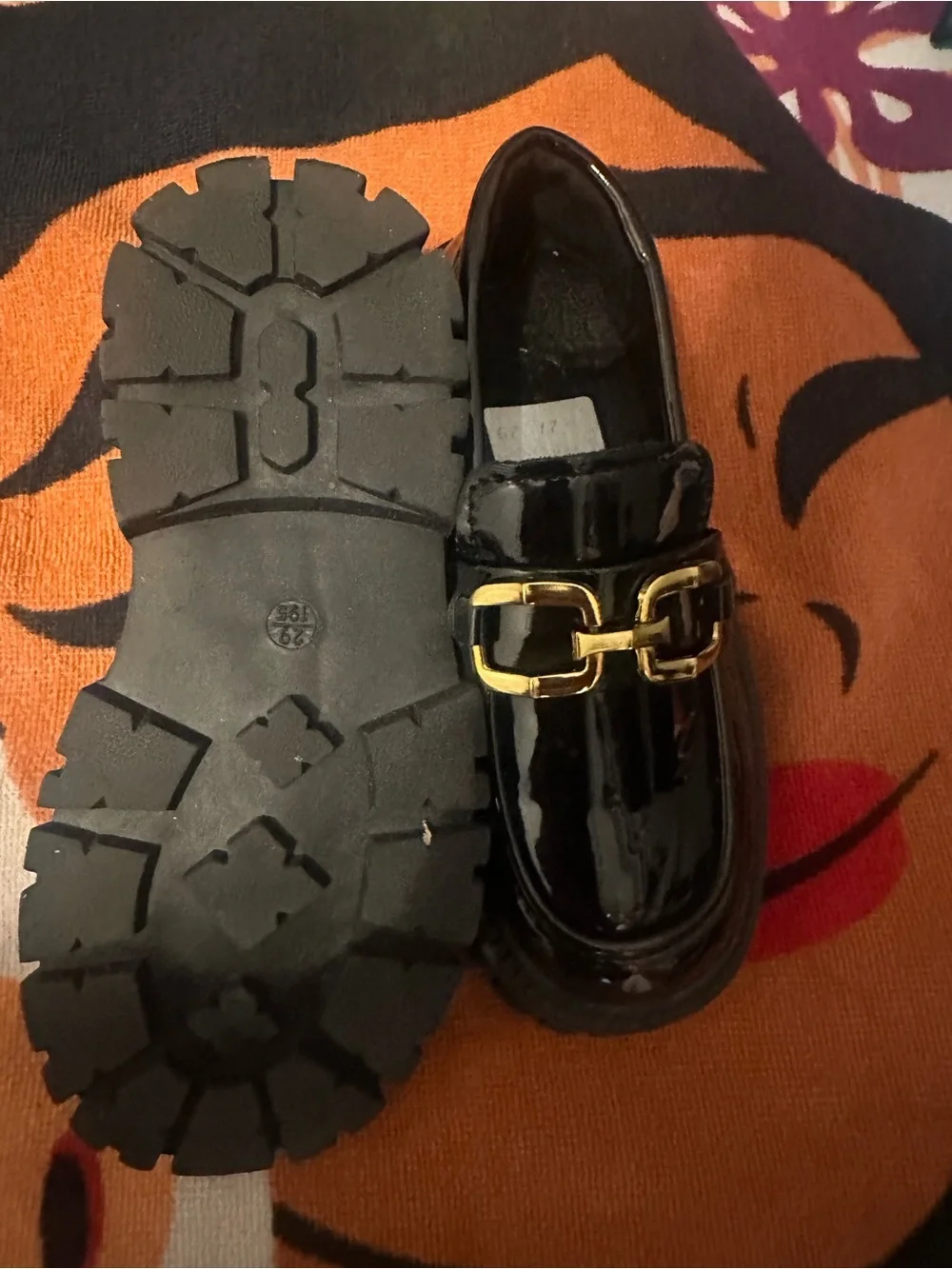 Girls Patent Black Dress Loafers with Gold Chain Accent